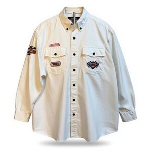 HARLEY-DAVIDSON WHITE SHIRT WITH EMBROIDERED BIKER RACING PATCHES Y2K SIZE LARGE